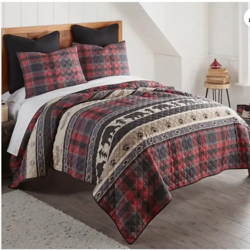Bear Lodge Printed Reversible King Quilt Set Country Cabin Bonus Tote Bag